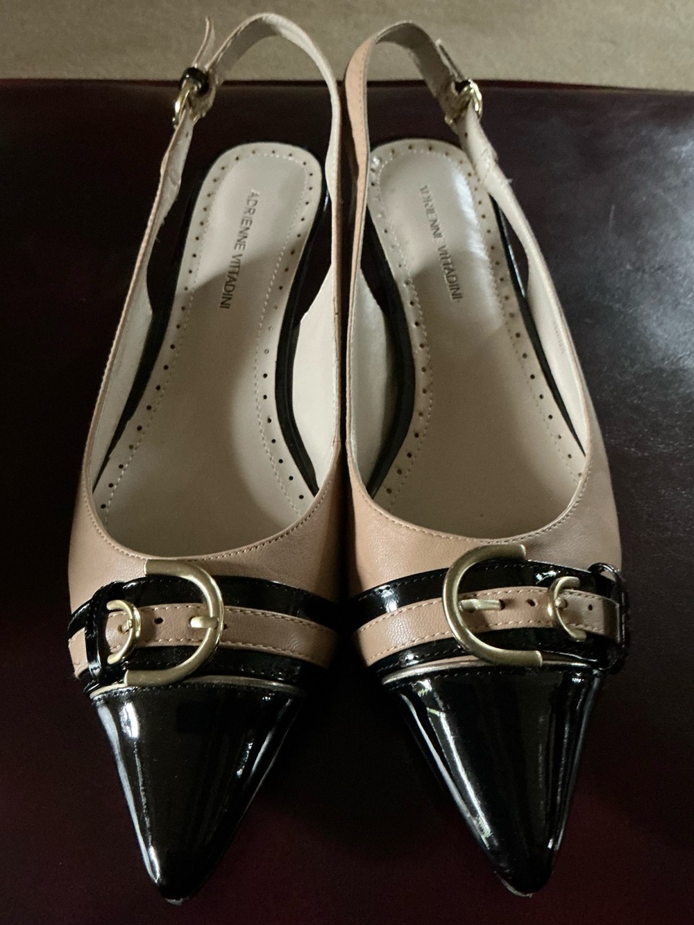 Adrienne Vittadini Beige and Black Patent Pointed Slingback Kitten Heels